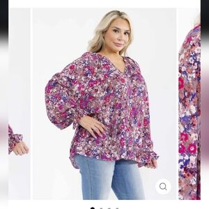 Entro Floral V-Neck Blouse - Pink and Purple